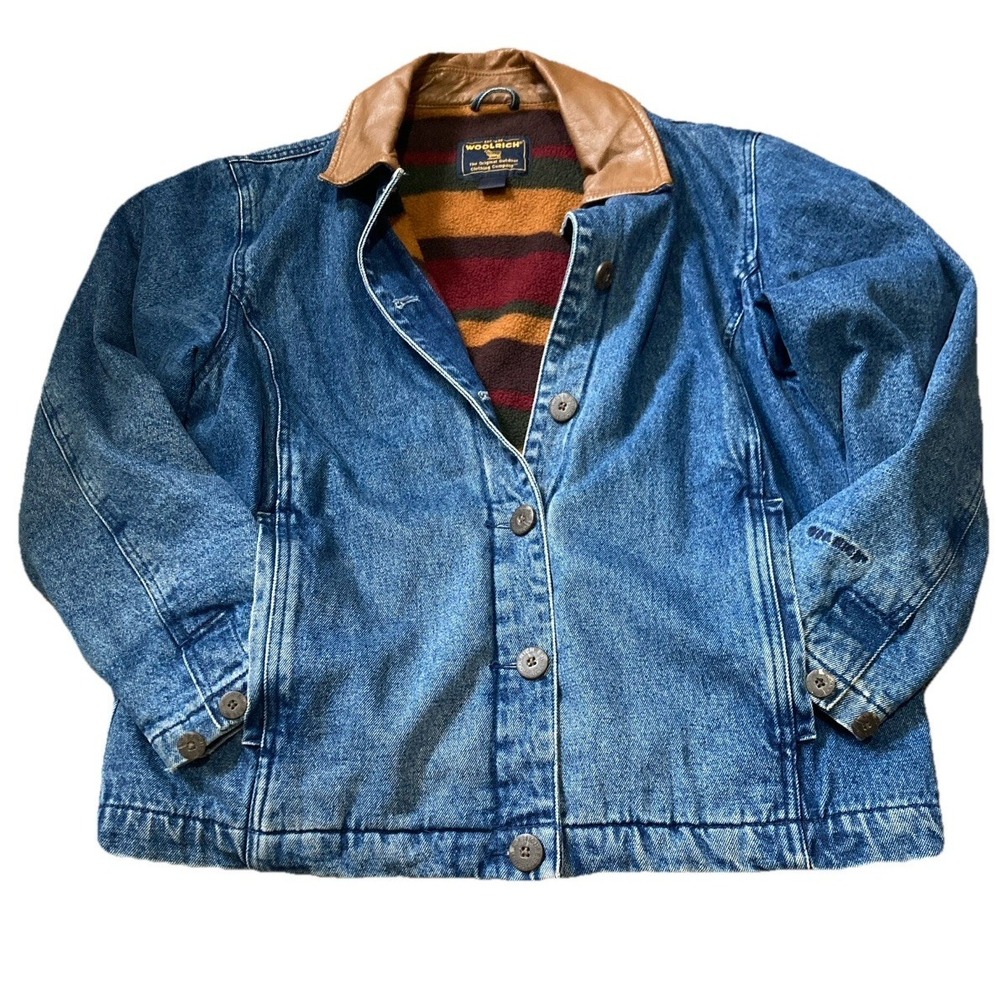 Vintage Woolrich Womens L Denim Fleece Lined Barn Jacket Leather Collar